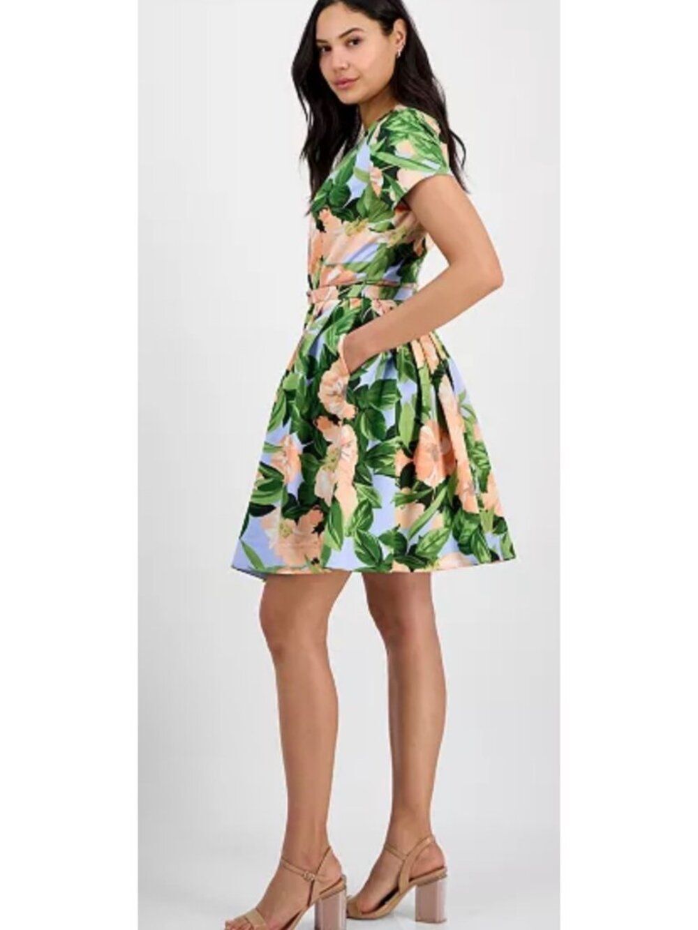 Tahari ASL Women's Floral Belted Pleated Short Sleeve Dress Size 8 - Picture 6 of 16